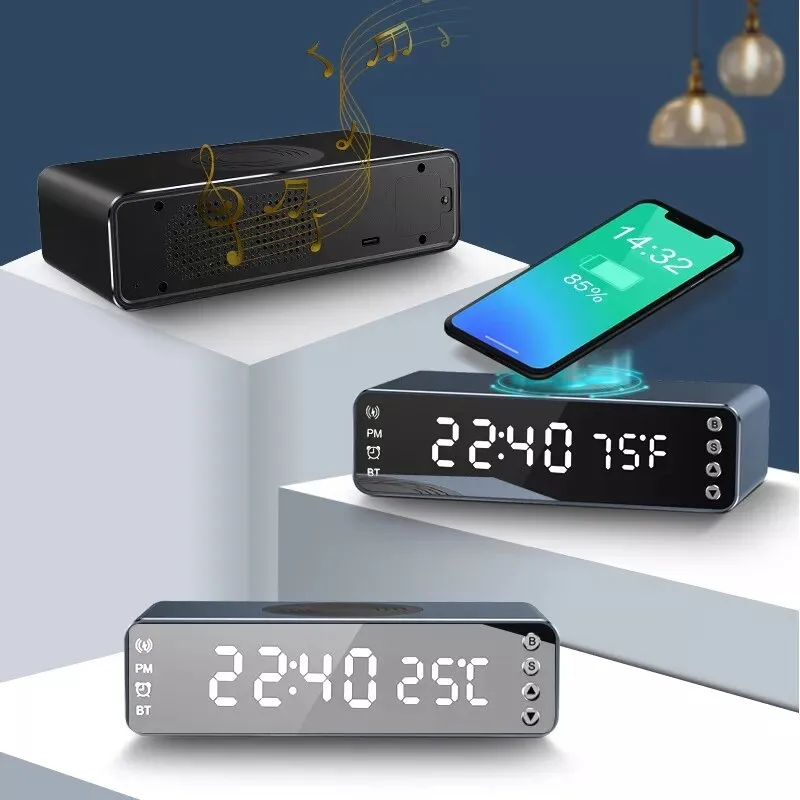 15W 3-in-1 Portable Speaker bluetooth Speaker LED Display Alarm Clock Wireless Charger Wireless Speaker