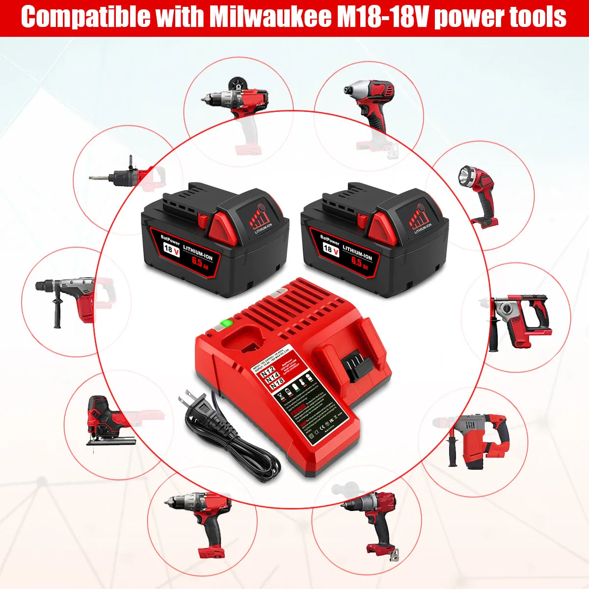 18V 6.5AH 48-11-1862 Extended Capacity Battery and Charger Combo for Milwaukee 18V M18 Battery with Charger Kit XC 6.0 AH 18V Battery and Charger