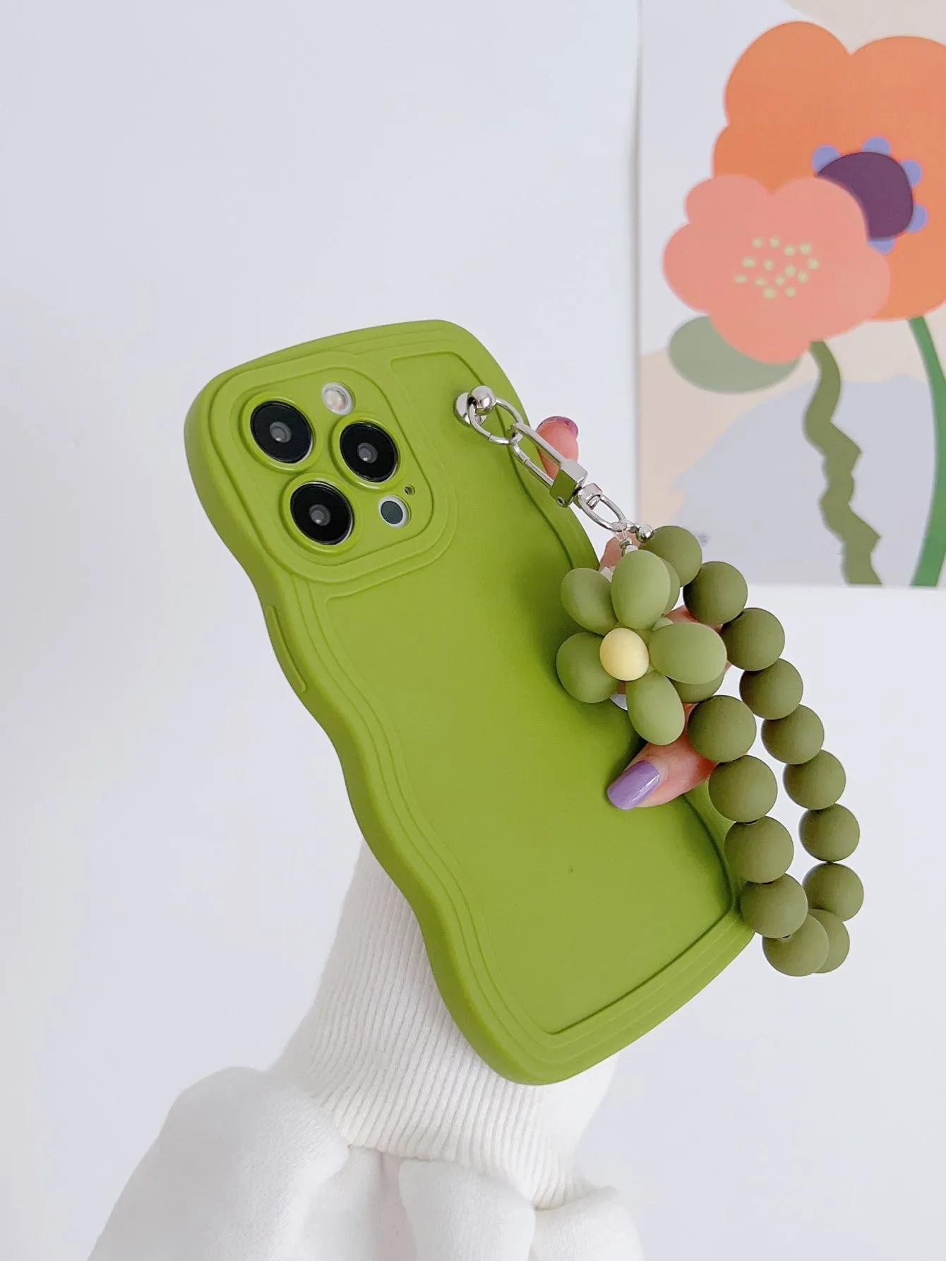 1pc Flower & Bead Decor Pink Phone Case & Lanyard