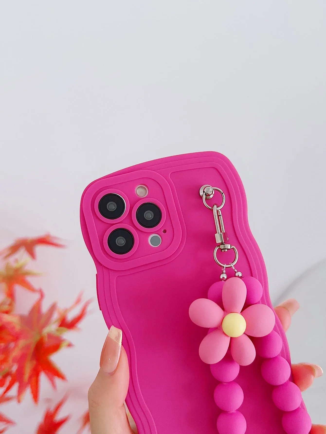 1pc Flower & Bead Decor Pink Phone Case & Lanyard