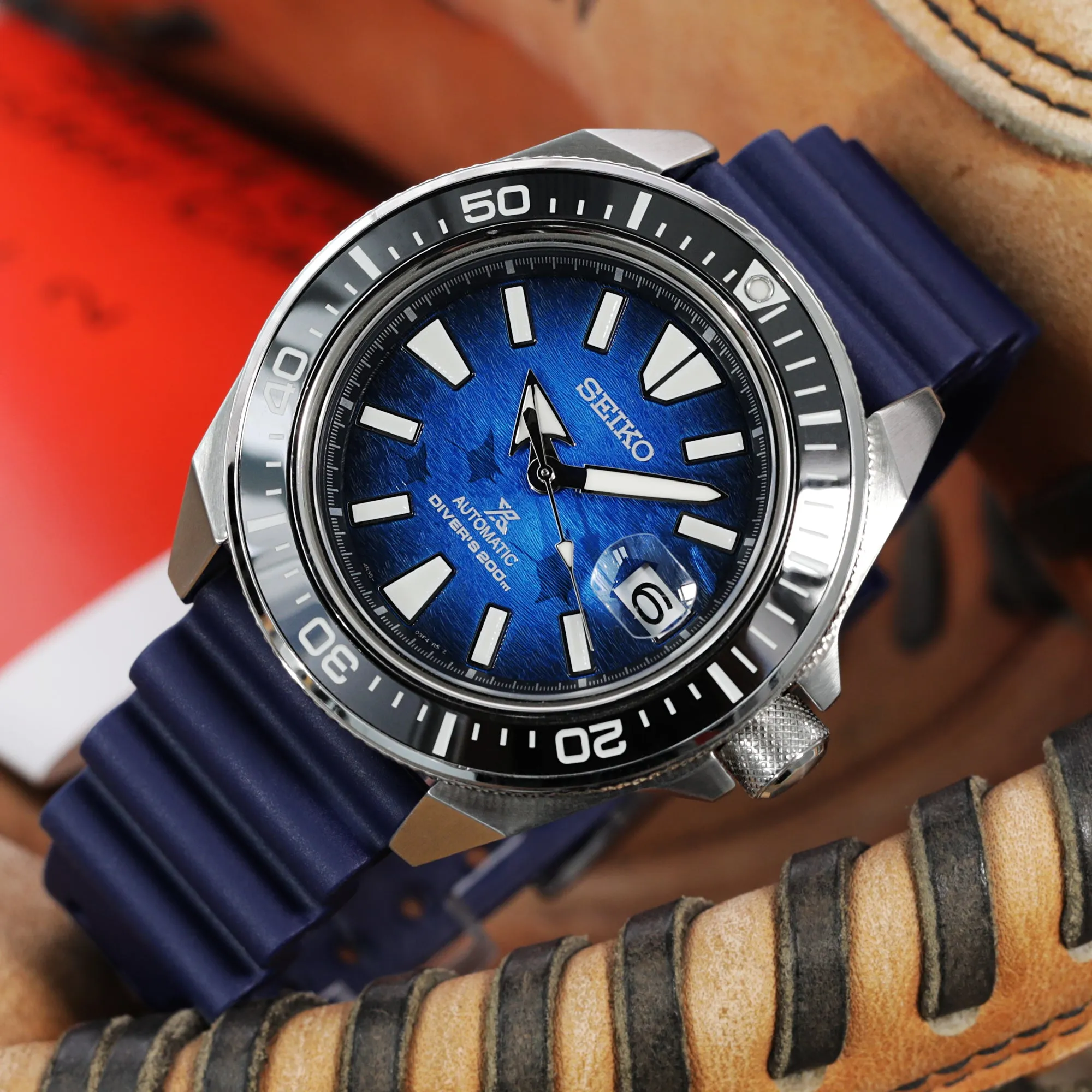 20mm, 22mm Quick Release Blue Diver FKM Rubber Strap, Brushed