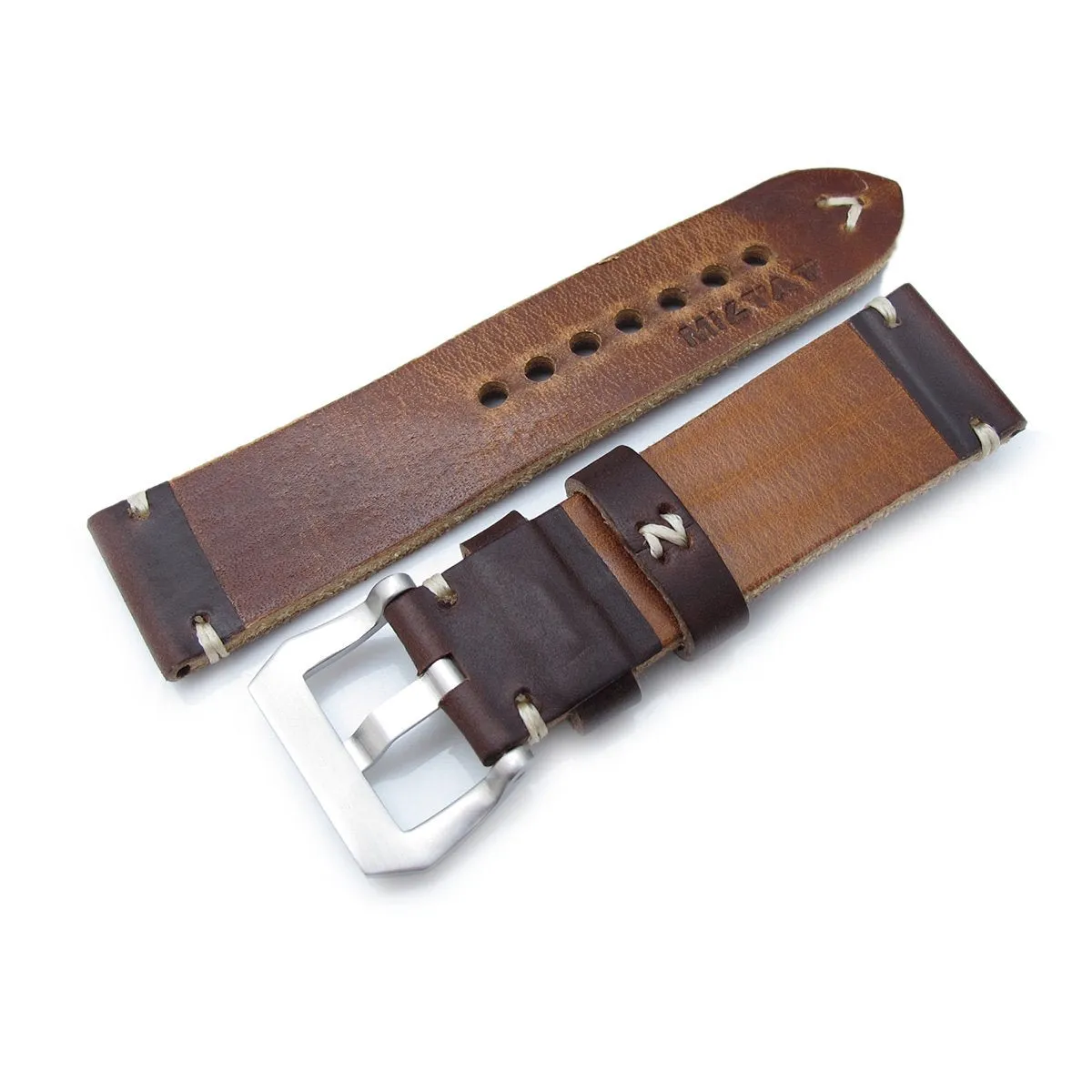 24mm MiLTAT Horween Chromexcel Watch Strap, Matte Brown, Beige Stitching