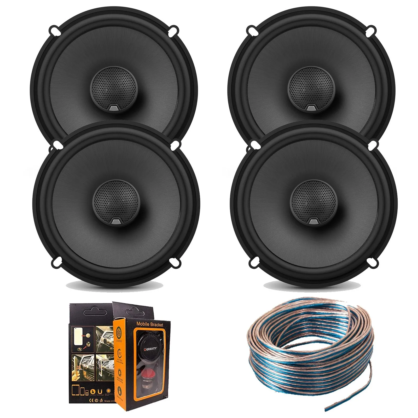 (4) J-B-L GTO629 Premium 180W 6-1/2" Co-Axial Speaker   with 18 Gauge 100 FT Speaker Wire and Free Mobile Holder