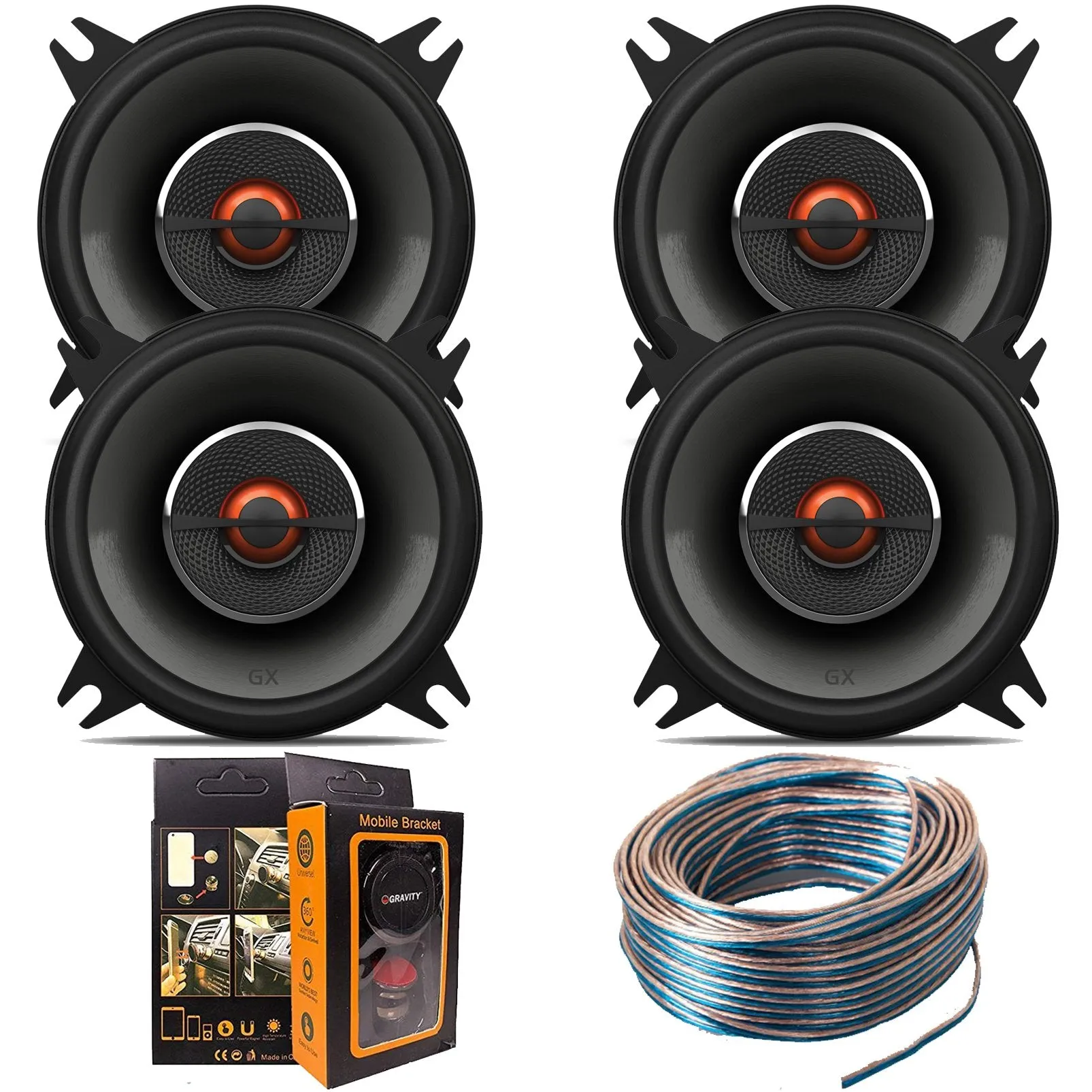 (4) J-B-L GX402 4" 210W 2-Way GX Series Coaxial Car Loudspeakers with 18 Gauge 100 FT Speaker Wire and Free Mobile Holder