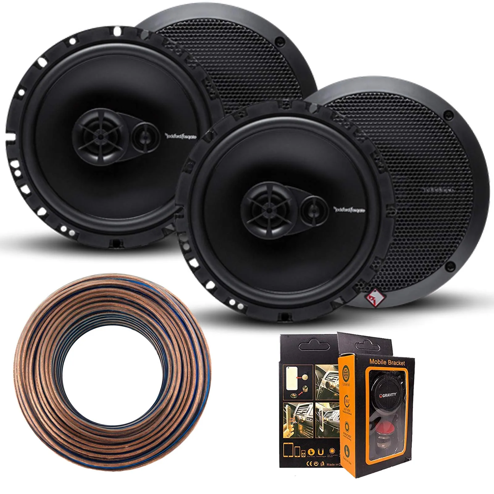 (4) R165X3 Prime 6.5-Inch Full-Range 3-Way Coaxial Speaker with 18 Gauge 100 FT Speaker Wire and Free Mobile Holder