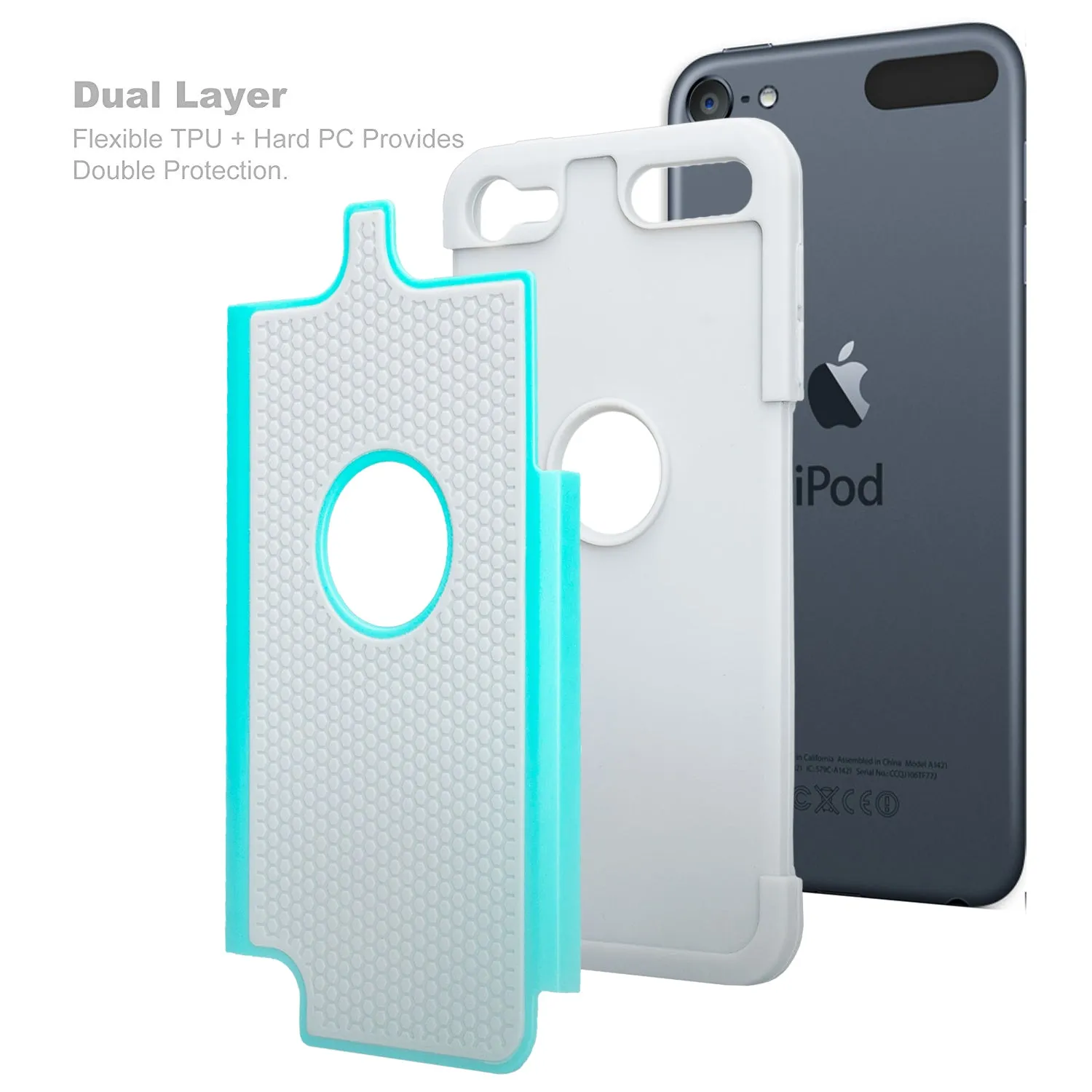 Apple iPod Touch 5 / Touch 6 Case, Heavy Duty Dual Layer Armored Protective Hybrid Case Cover For iPod Touch 5 / Touch 6 - Teal/Grey (Teal on Grey Stealth Armor)