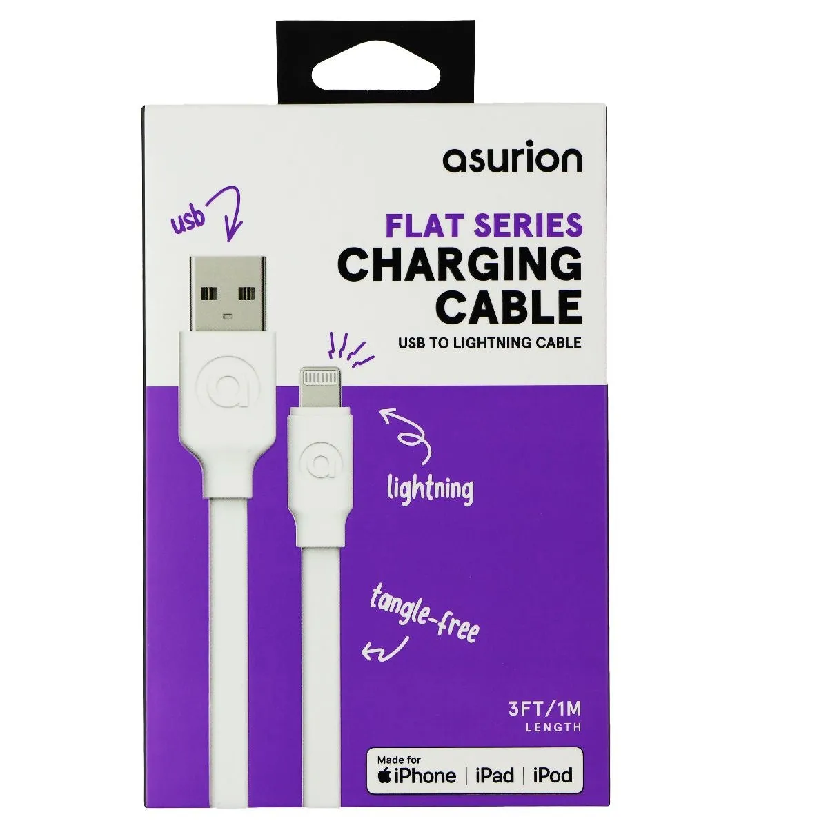 Asurion (3-Ft) Flat Lightning 8-Pin to USB MFi Cable for iPhone - White