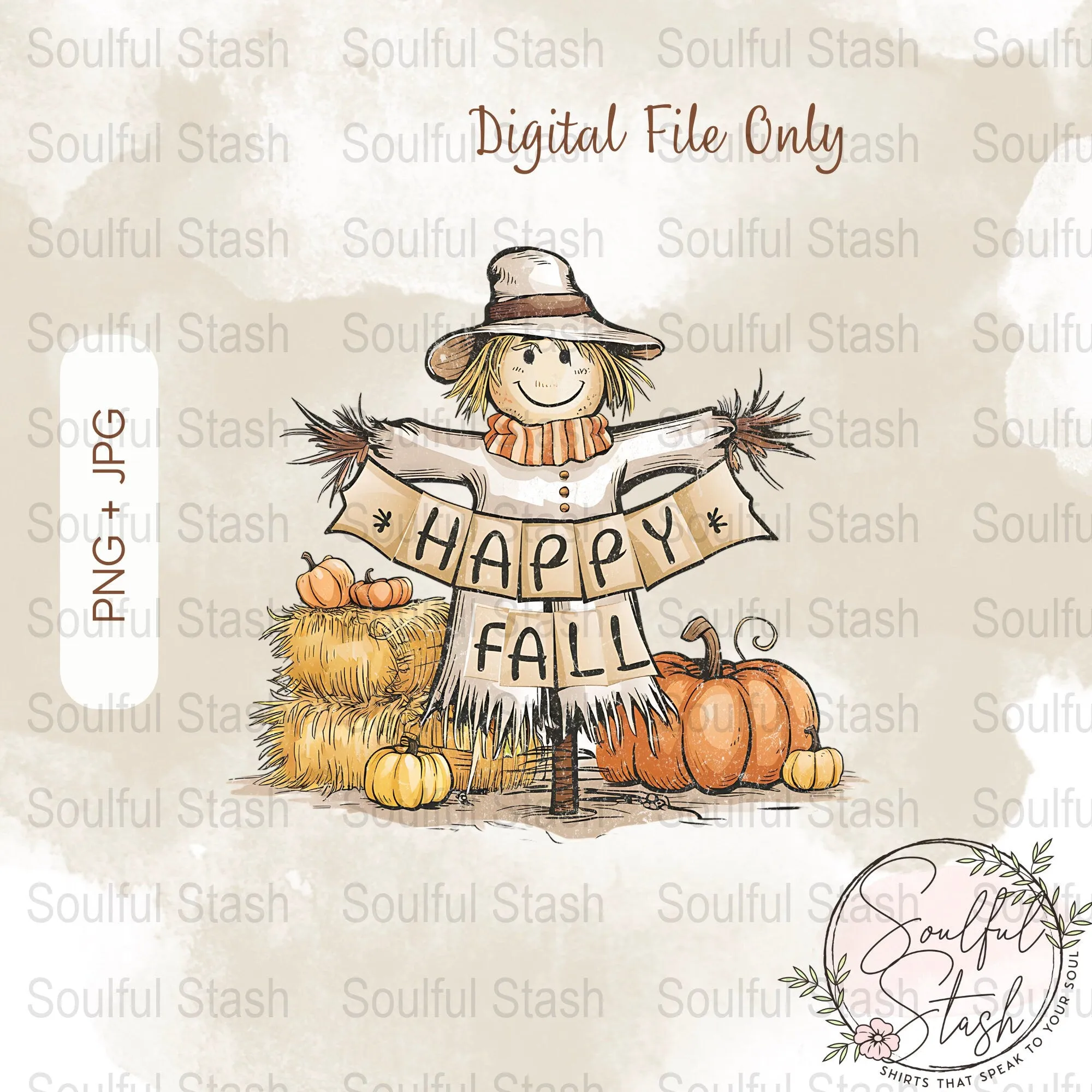 Autumn Happy Fall Scarecrow Digital Download, Thanksgiving Harvest Decoration, Sublimation Printable Art, Festive Pumpkin Design