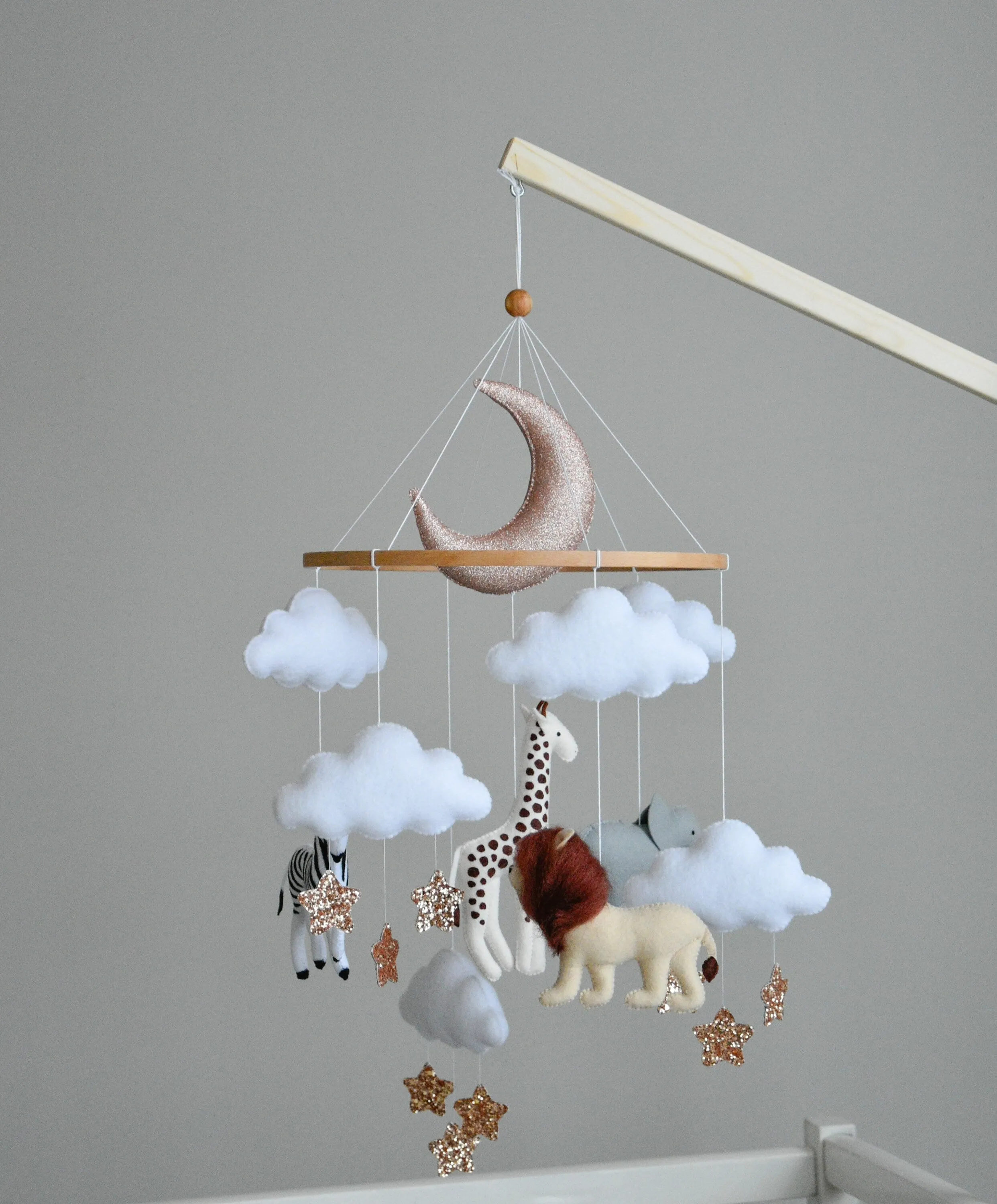 Baby girl safari mobile with giraffe, elephant, zebra and lion