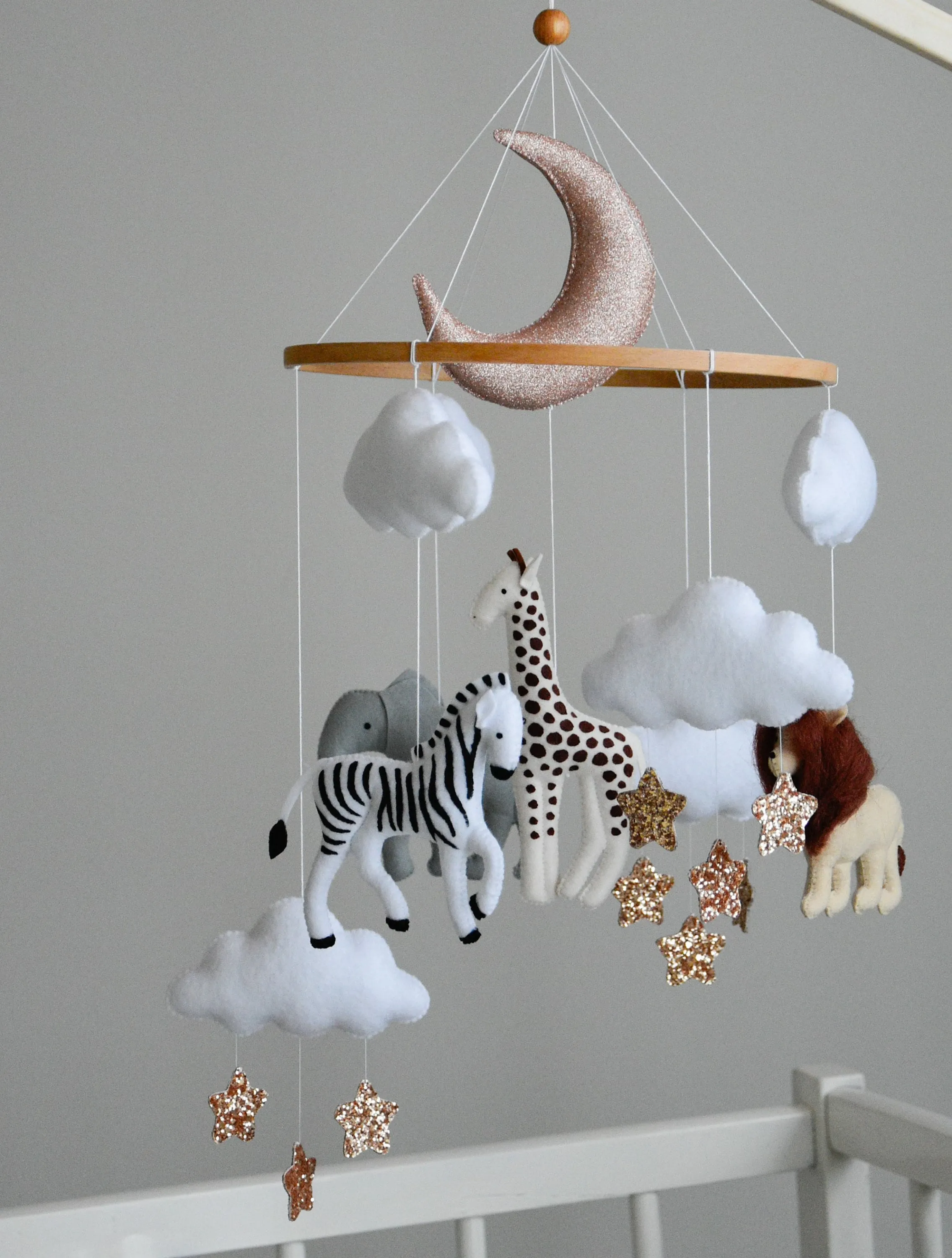 Baby girl safari mobile with giraffe, elephant, zebra and lion