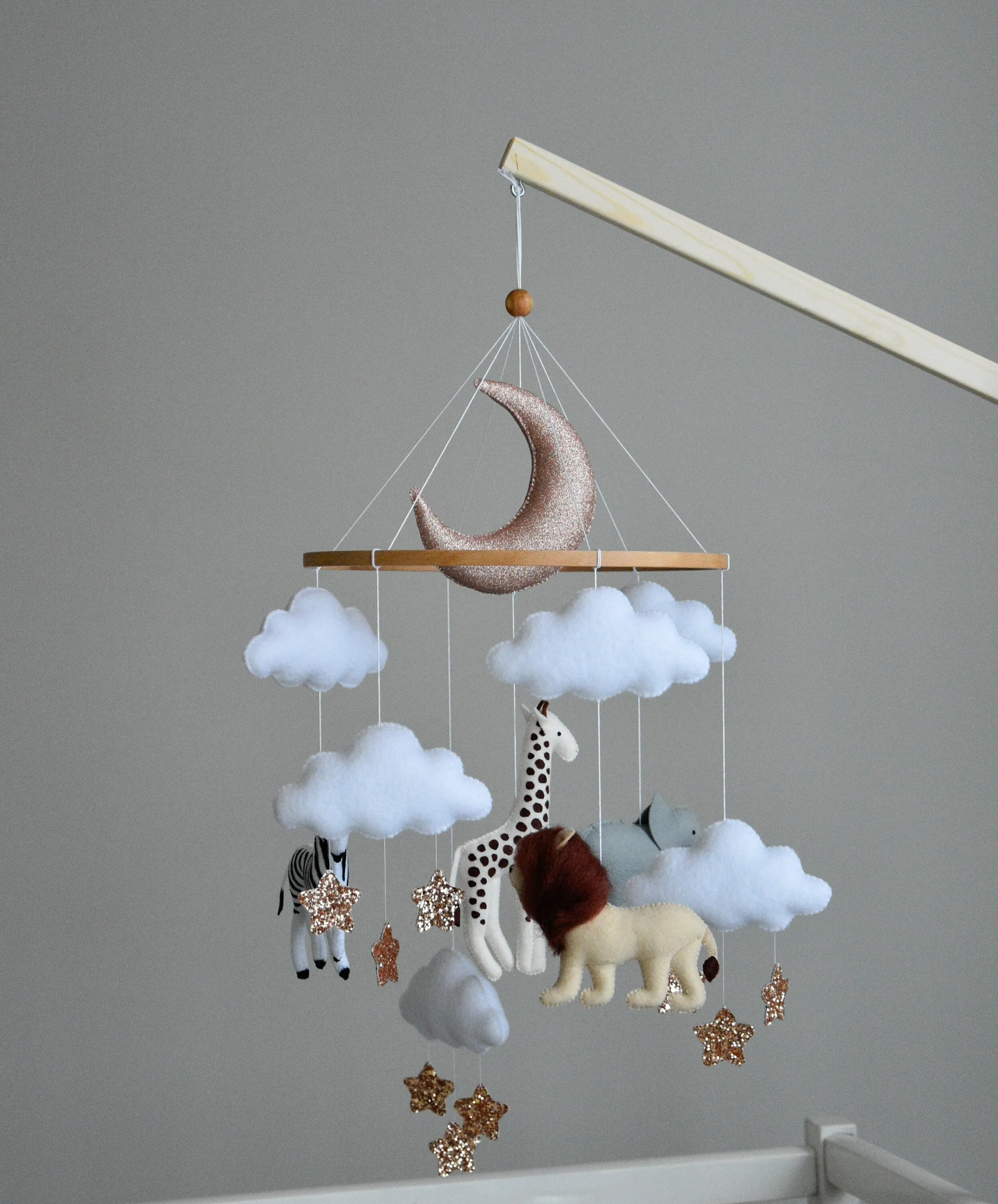 Baby girl safari mobile with giraffe, elephant, zebra and lion