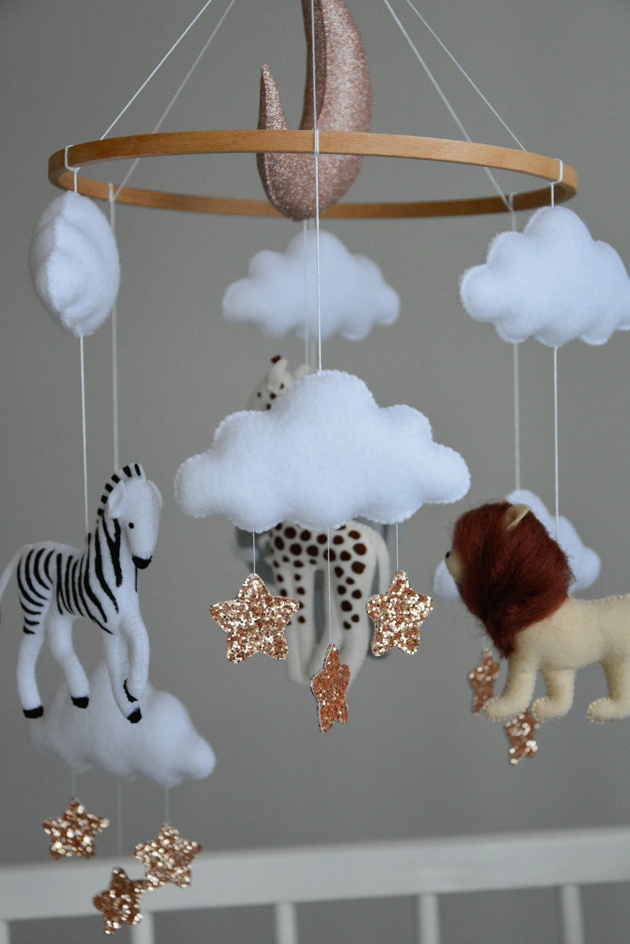 Baby girl safari mobile with giraffe, elephant, zebra and lion