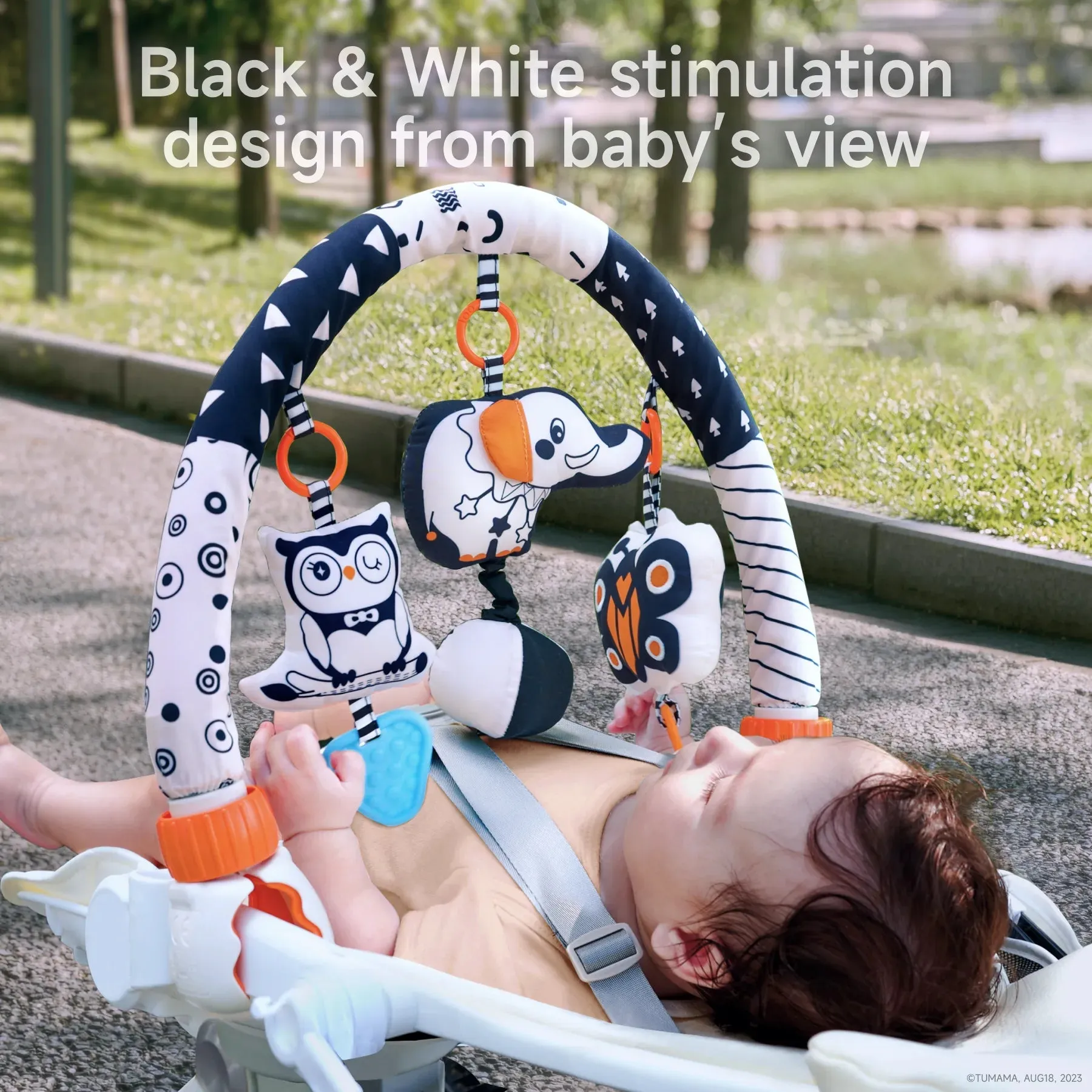 Baby stroller arch toy, portable baby mobile for bassinet car seat travel activity arch visual black and white toy, butterfly elephant owl, for babies infant 0 Month 