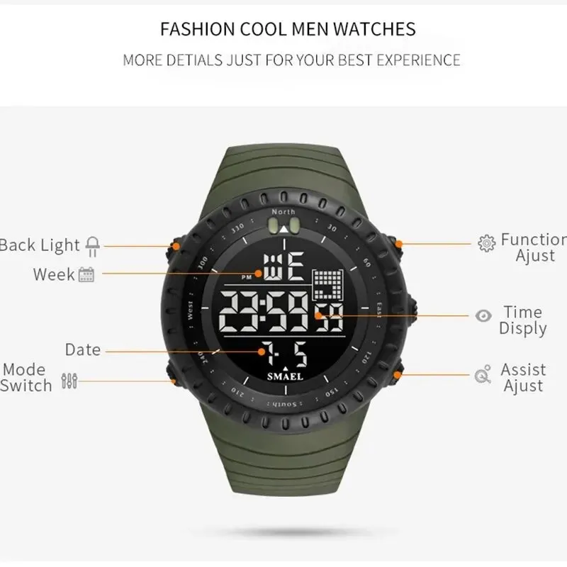 Brand Men Electronics Watch Outdoor Sports Waterproof Big Dial Digital LED Alarm Digital-Watch 1237 Sport Watch