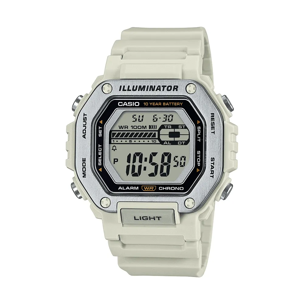 Casio Digital Gents Led Dual Alarm 100M Water Resistant White Face And Resin Band MWD110H-8A