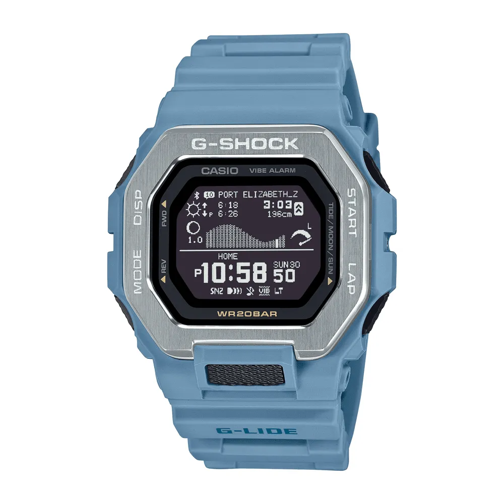 Casio G Shock G-Lide Natural Surf Bluetooth Training World Time 200M Water Resistant Black Face Blue Resin Band GBX100-2A