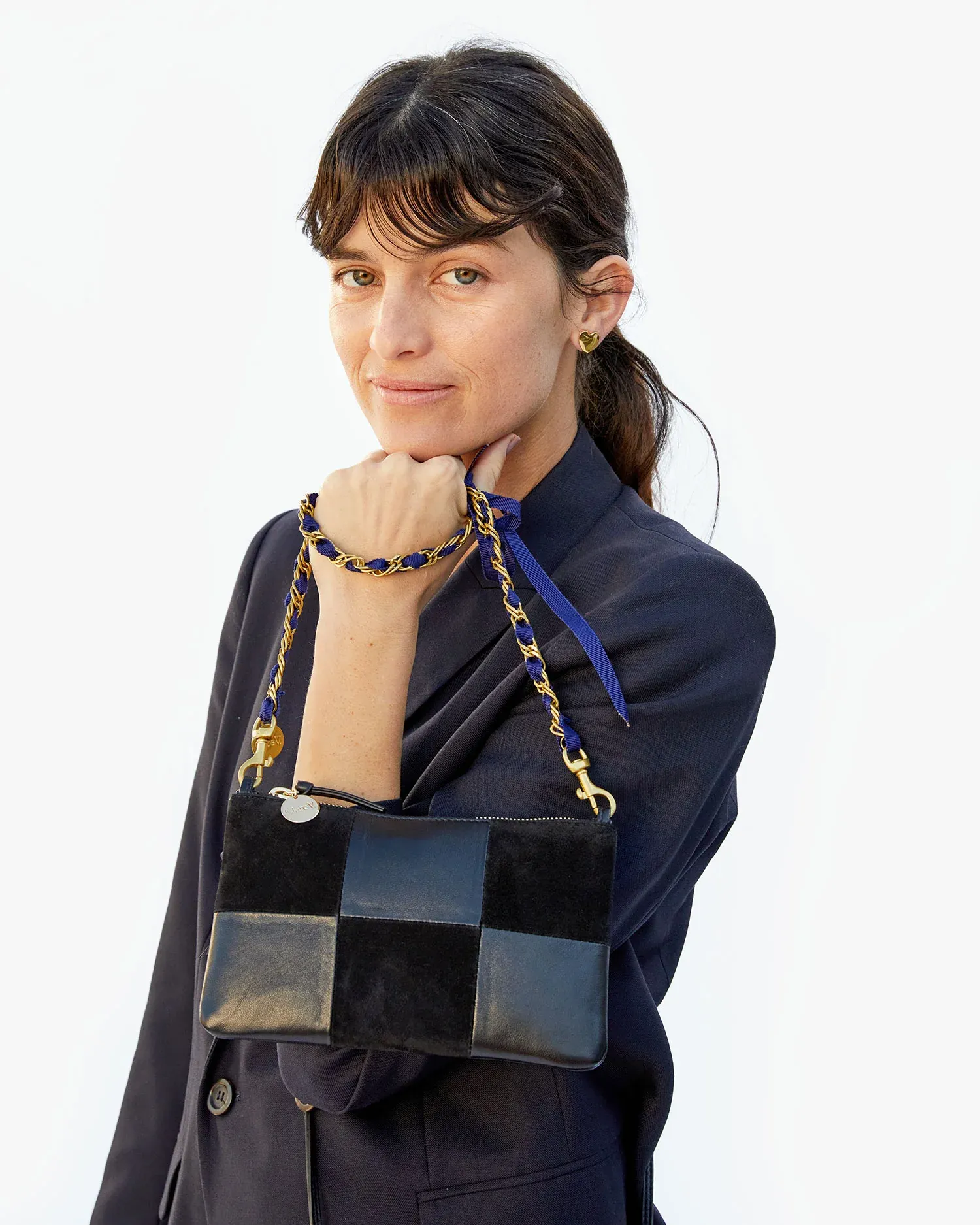 Clare V - Wallet Clutch w/ Tabs in Black Suede & Nappa Patchwork