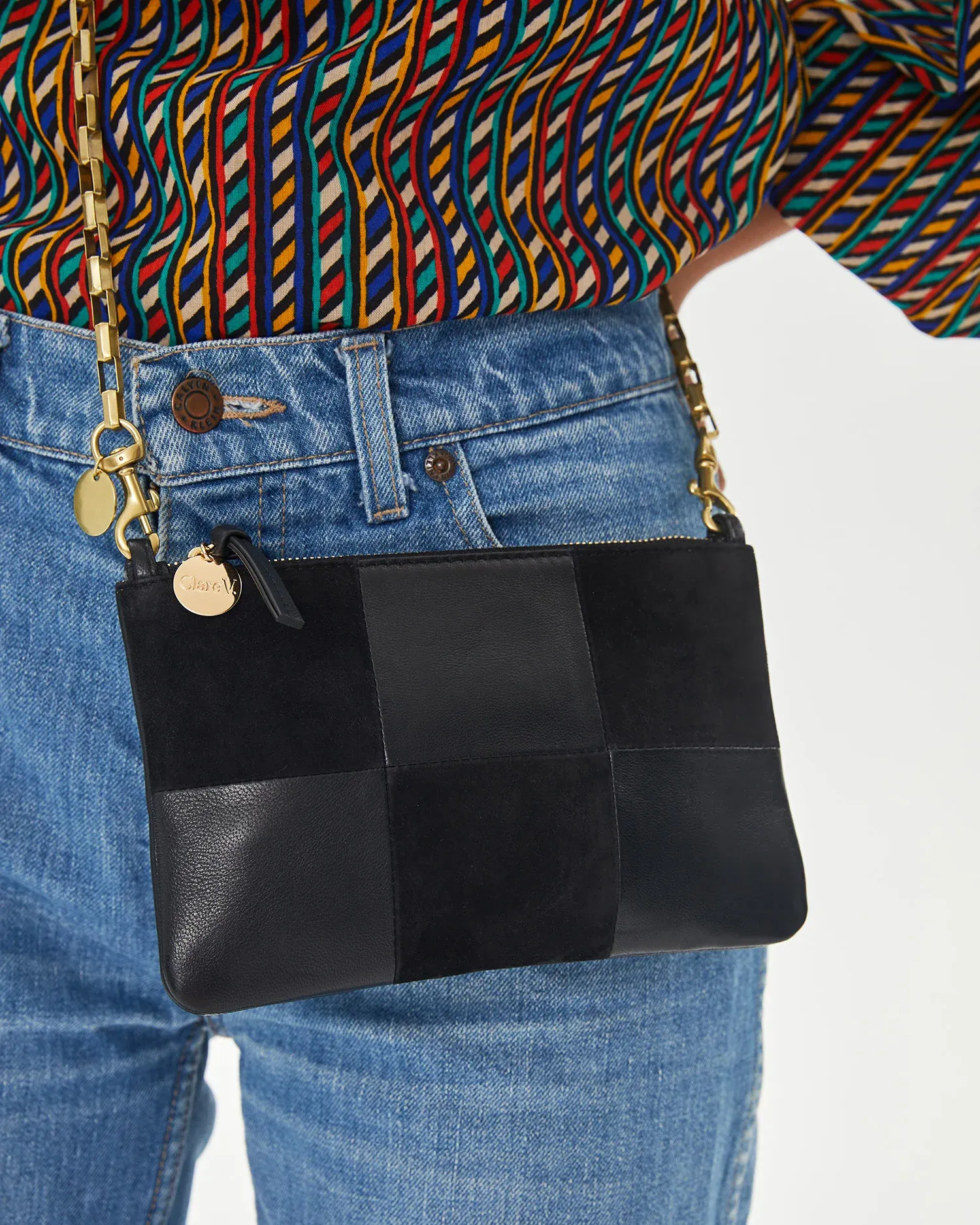 Clare V - Wallet Clutch w/ Tabs in Black Suede & Nappa Patchwork