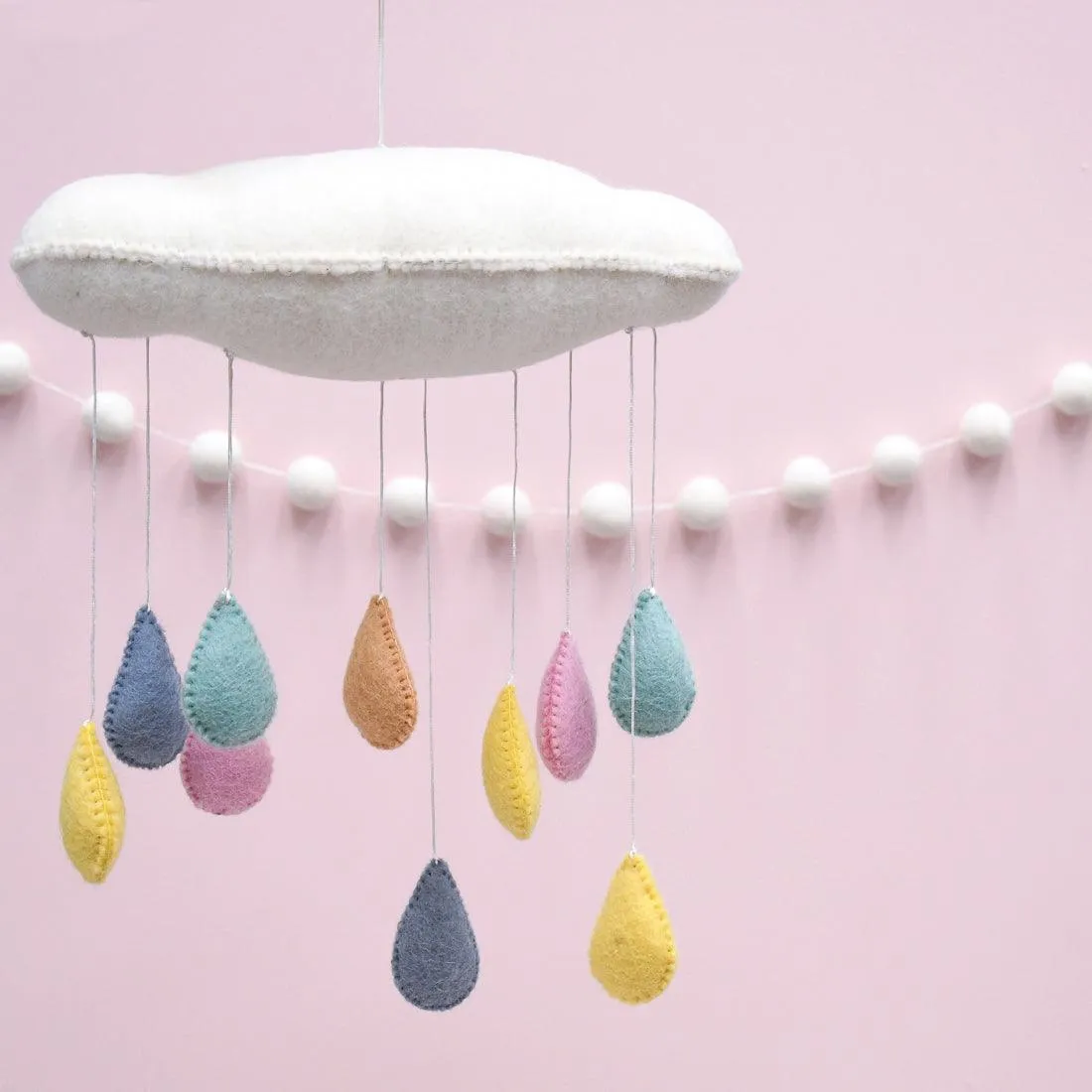 Cloud Nursery Mobile with Raindrops - 3D Pastel