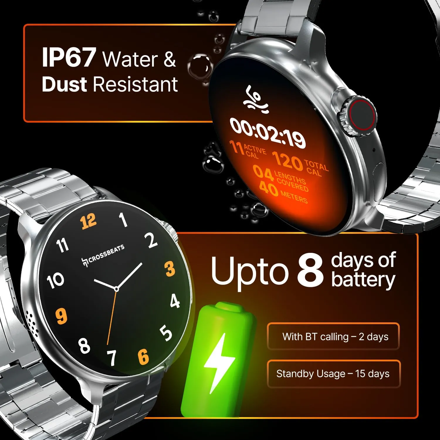 CrossBeats Aura Round 1.46" Super AMOLED Metal Smart Watch, Always On, Advanced AI ENC Bluetooth Calling, in-Built Games, Fast Charge, Rotating Crown, 123  Sports Modes, 454 × 454 Pixel