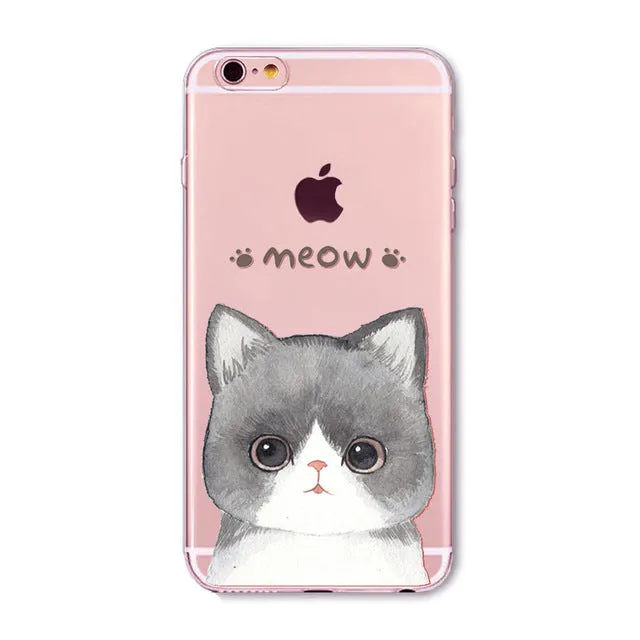 Cute Cat Case Cover For Apple iPhone 6 6s 7 Plus 6sPlus 6Plus 4 4s 5 5s SE Transparent Soft Silicone Cell Phone Bag Capa Cases