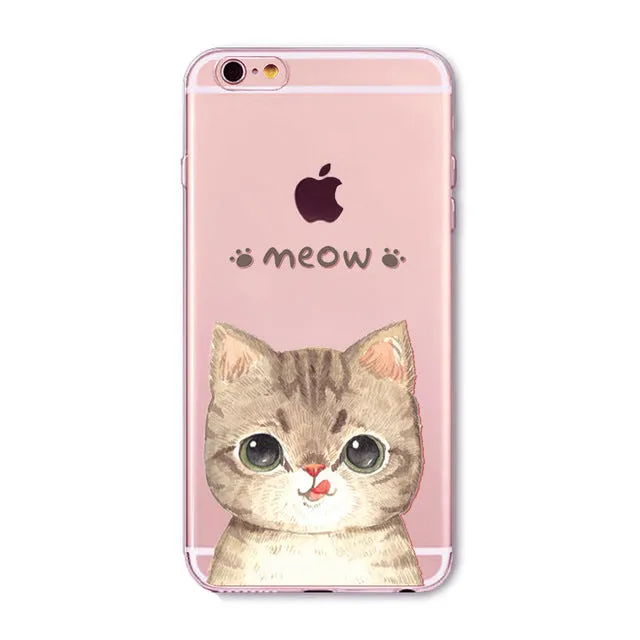 Cute Cat Case Cover For Apple iPhone 6 6s 7 Plus 6sPlus 6Plus 4 4s 5 5s SE Transparent Soft Silicone Cell Phone Bag Capa Cases