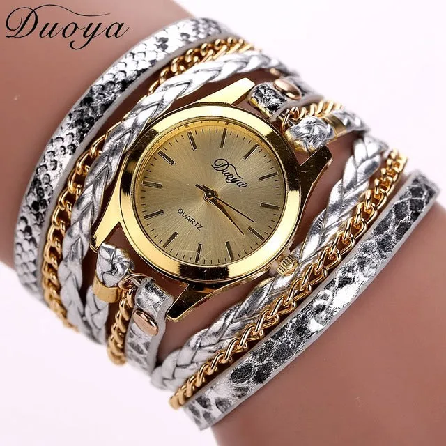 Duoya Brand Quartz Watches Women Gold Geneva Ladies Dress Gold Bracelet Wristwatch Woven Leopard Duoya Bracelet Luxury Watches