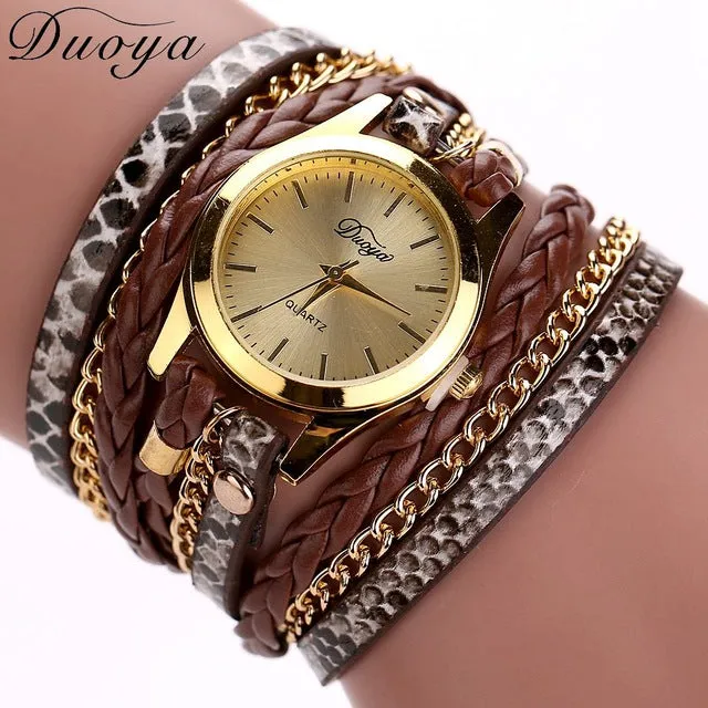 Duoya Brand Quartz Watches Women Gold Geneva Ladies Dress Gold Bracelet Wristwatch Woven Leopard Duoya Bracelet Luxury Watches