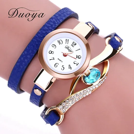 Duoya Brand Watch Women Luxury Gold Eye Gemstone Dress Watches Women Gold Bracelet Watch Female Leather Quartz Wristwatches