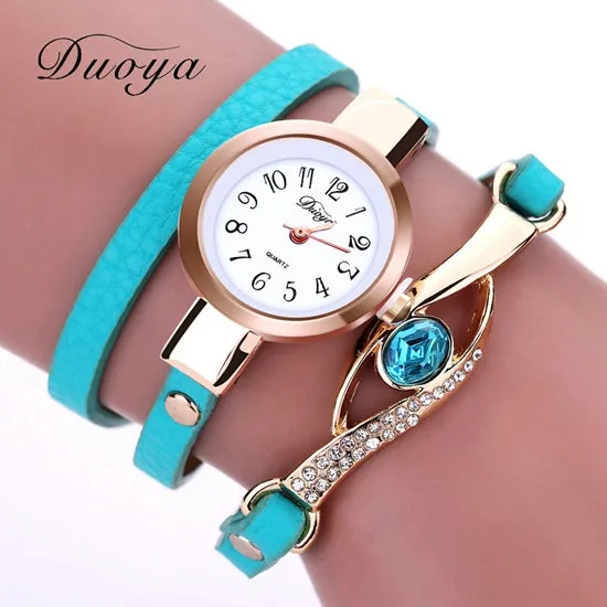 Duoya Brand Watch Women Luxury Gold Eye Gemstone Dress Watches Women Gold Bracelet Watch Female Leather Quartz Wristwatches