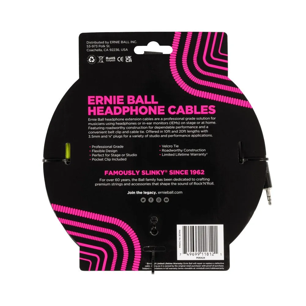 Ernie Ball EB6424 Headphone Extension Cable 3.5mm To 3.5mm 10 Ft, Black