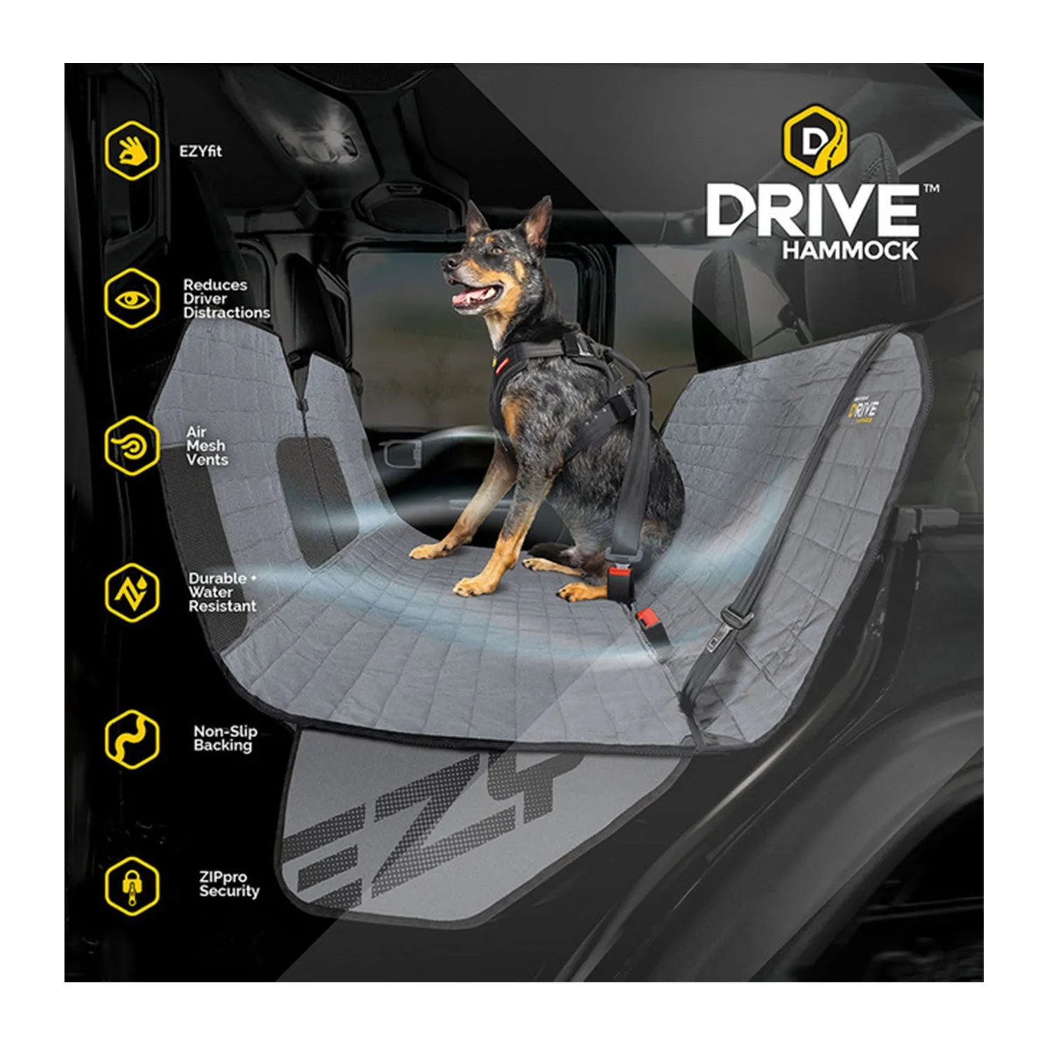 EzyDog Drive Rear Car Seat Cover Hammock Charcoal