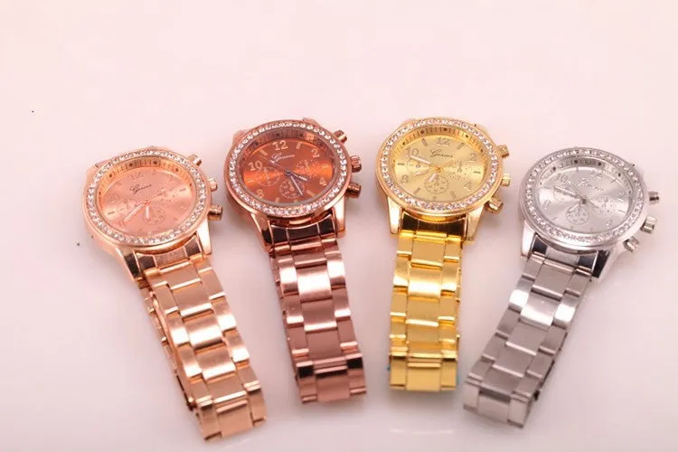 Fashion Watch Geneva Unisex Quartz Watch Women Analog Wristwatches Bling Crystal Clocks Stainless Steel Watch