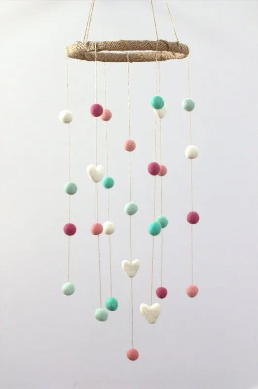 Felt Ball & Heart Nursery Mobile- Pink, Aqua- SMALL