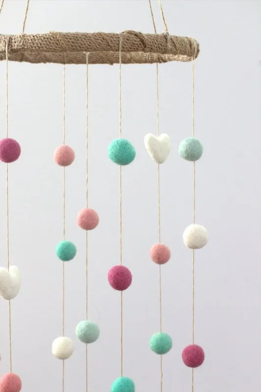 Felt Ball & Heart Nursery Mobile- Pink, Aqua- SMALL