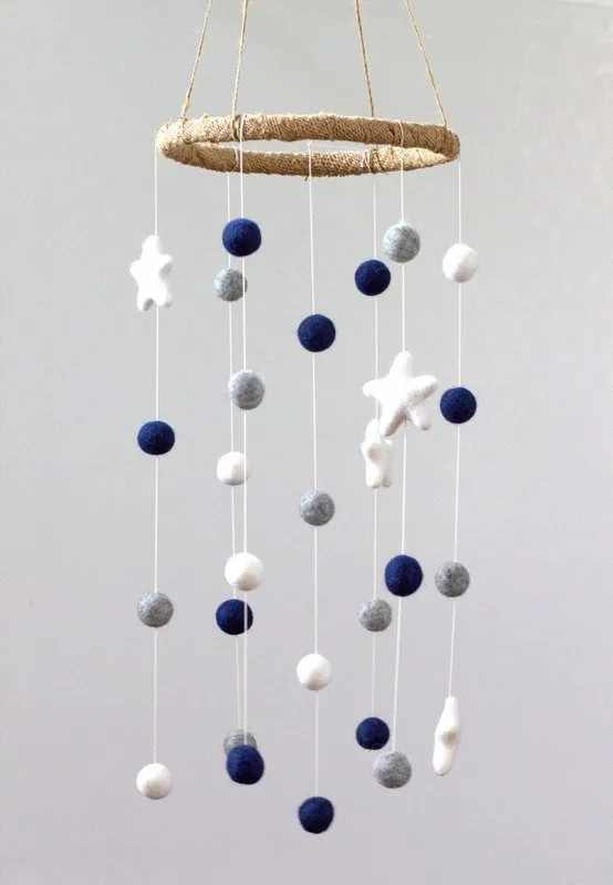 Felt Ball & Star Nursery Mobile- Navy, Gray- SMALL