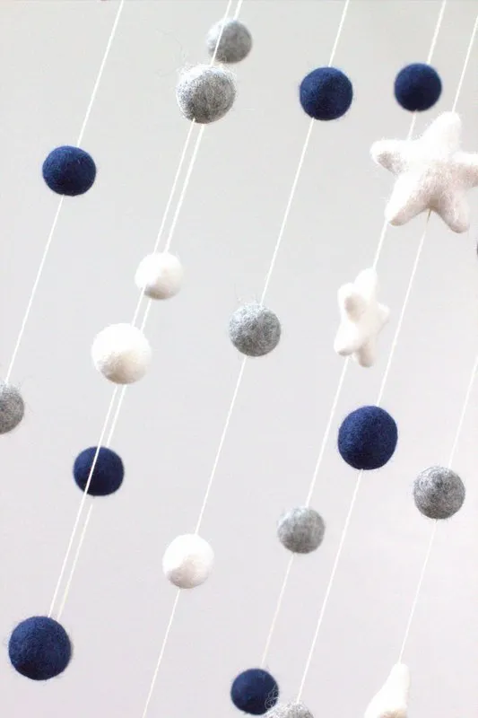 Felt Ball & Star Nursery Mobile- Navy, Gray- SMALL