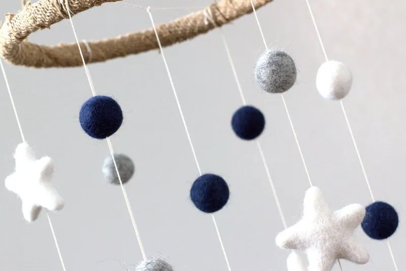 Felt Ball & Star Nursery Mobile- Navy, Gray- SMALL