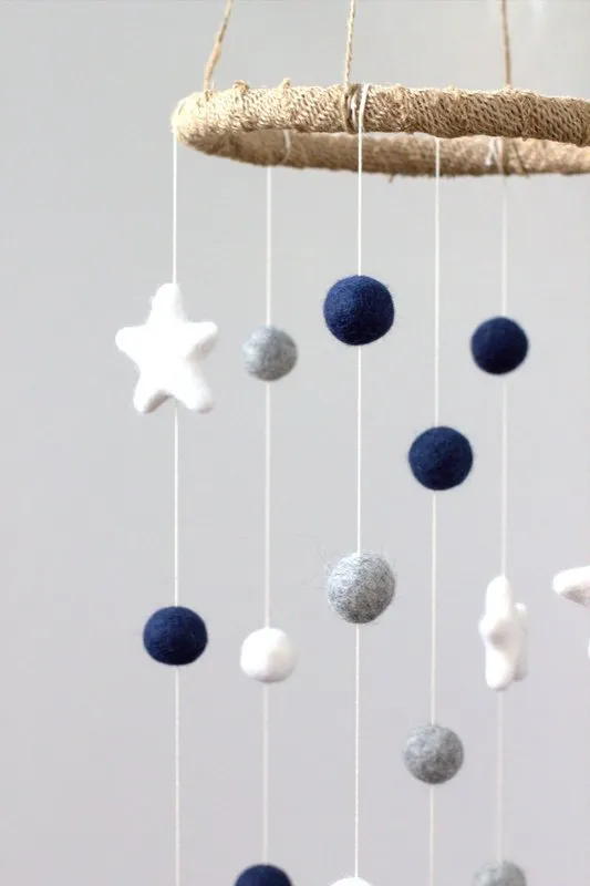 Felt Ball & Star Nursery Mobile- Navy, Gray- SMALL