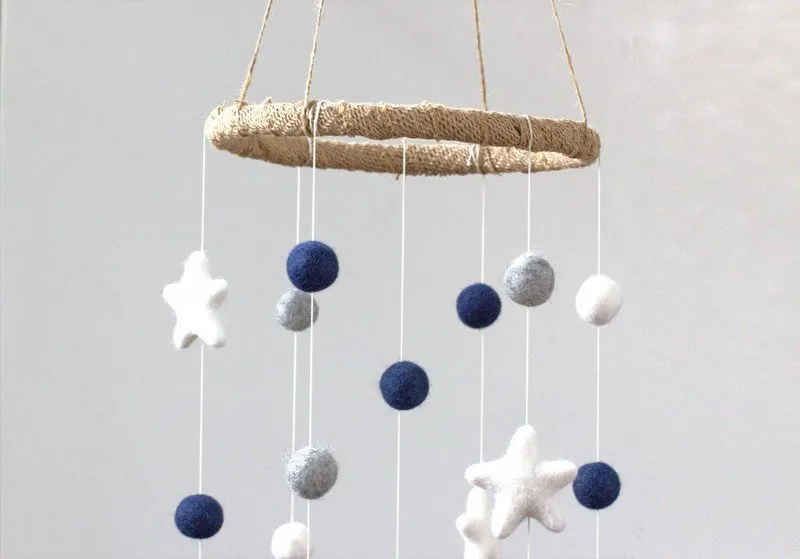 Felt Ball & Star Nursery Mobile- Navy, Gray- SMALL