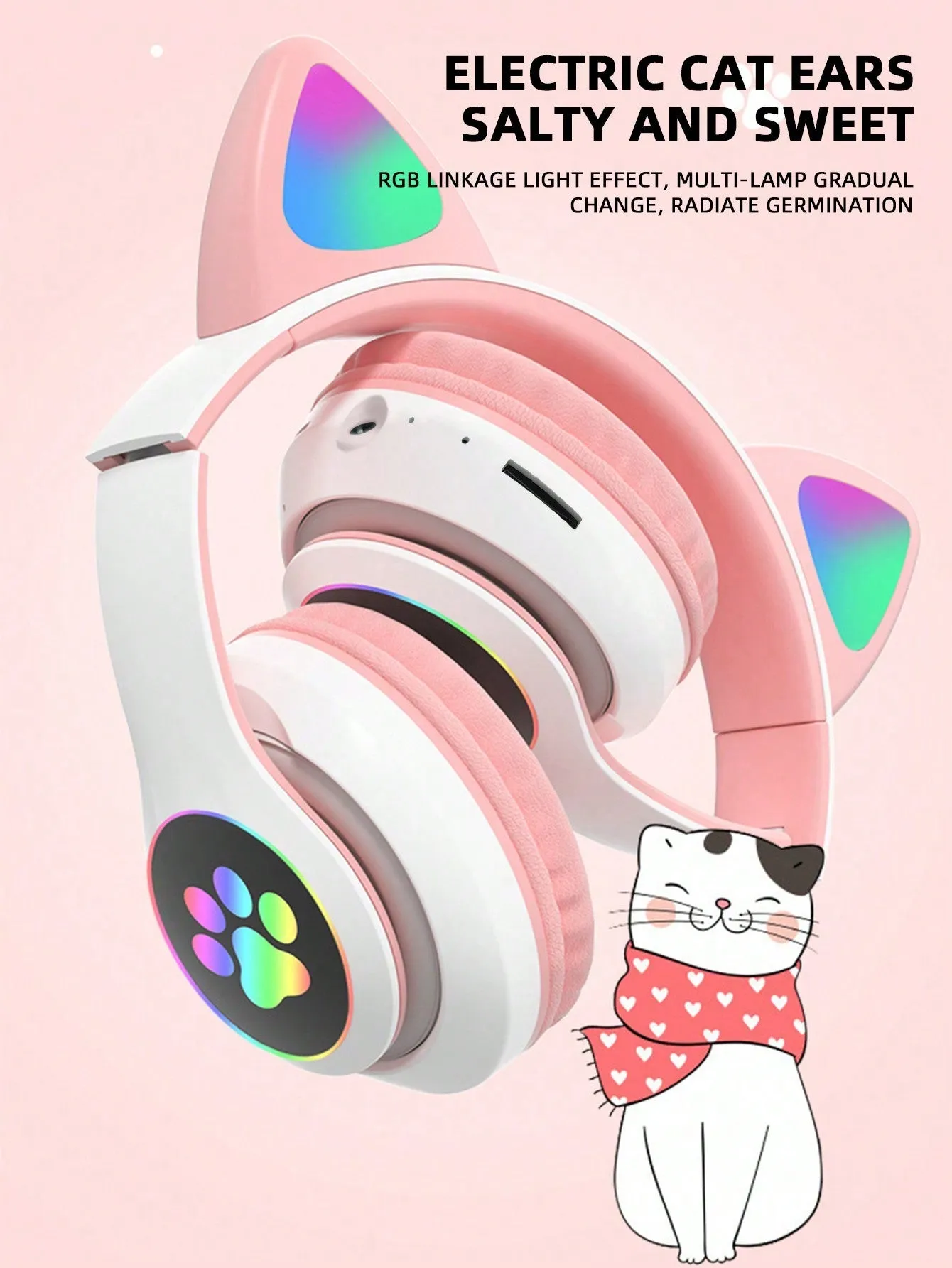 Flashing RGB Lighting Effects Cat Ears Wireless Headphones Long Lasting Colorful Wireless Headphones