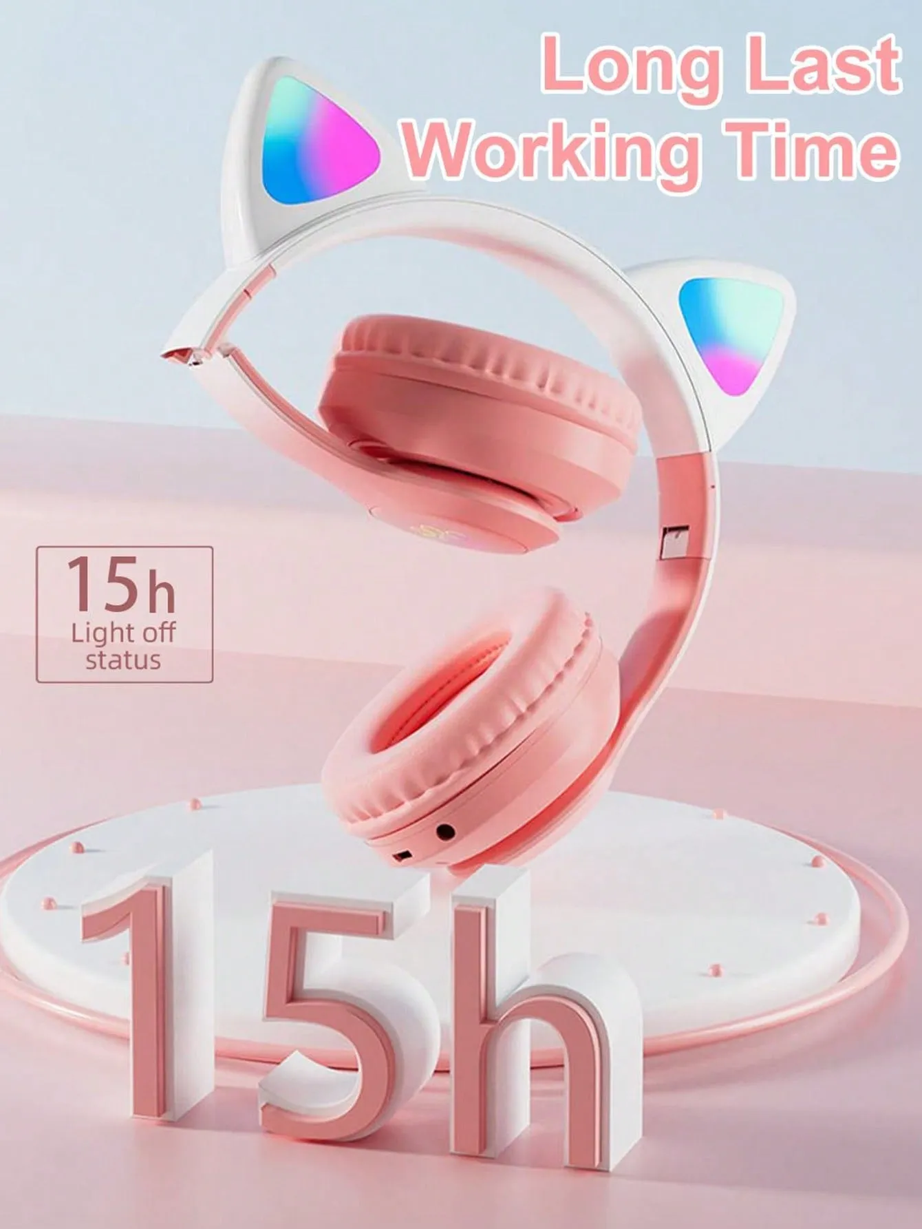 Flashing RGB Lighting Effects Cat Ears Wireless Headphones Long Lasting Colorful Wireless Headphones