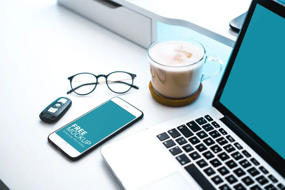 Free White iPhone 7 Mockup on Home Office Table