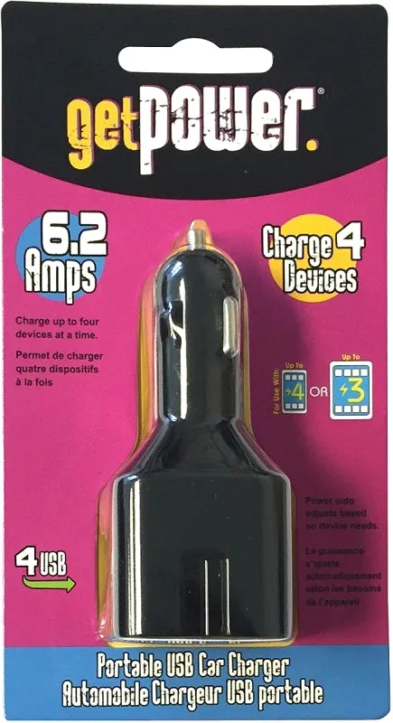 GetPower GP-DC4USB-BLK USB to DC Car Adapter, 12 V Output, 6.2 A Charge, Black :CD: QUANTITY: 1