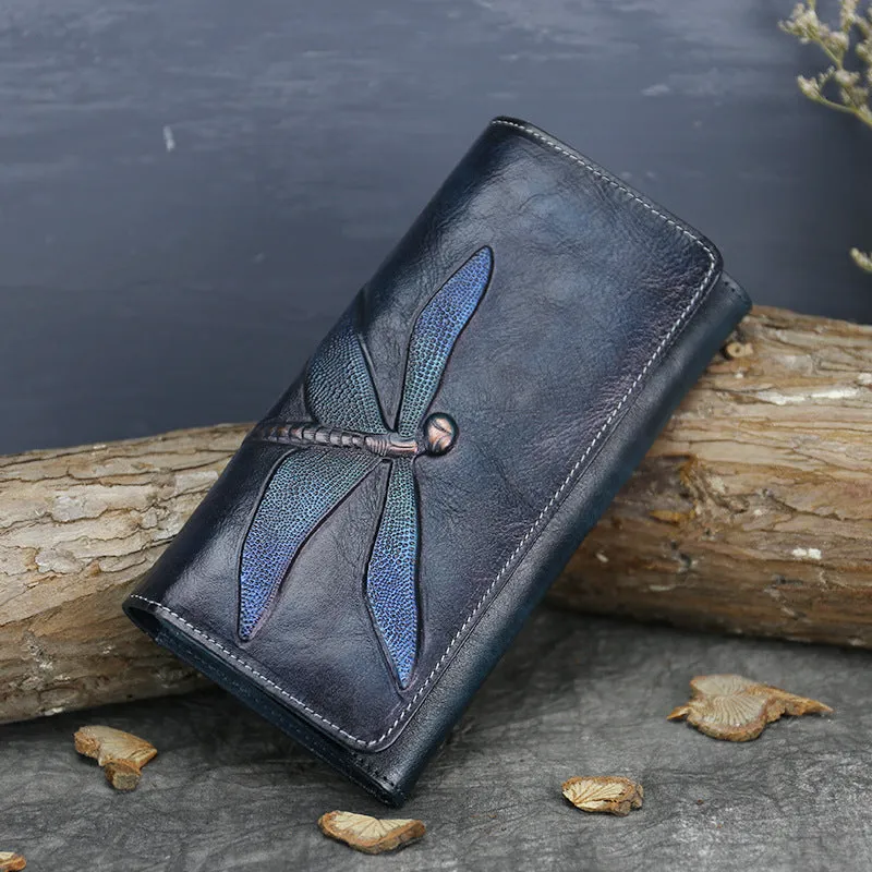 Handmade Dragonfly Engraved Leather Women Purses