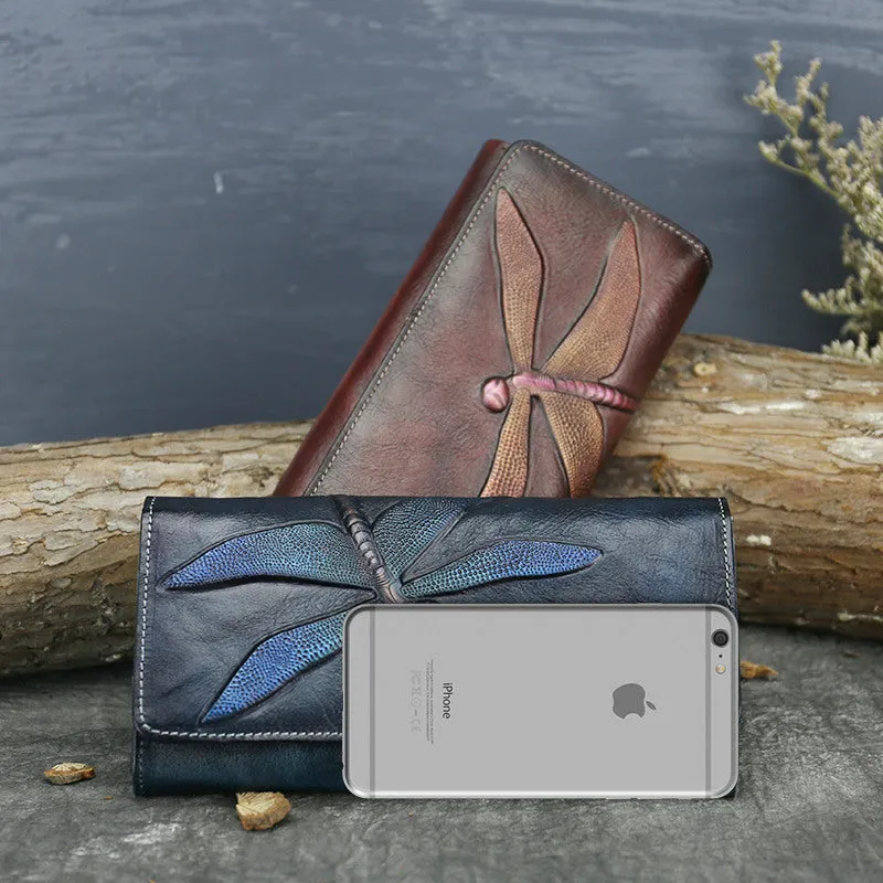 Handmade Dragonfly Engraved Leather Women Purses