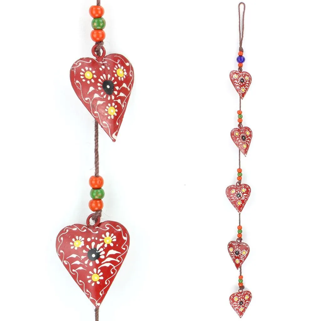 Hanging Mobile Decoration String of Hearts - Red - Brown String