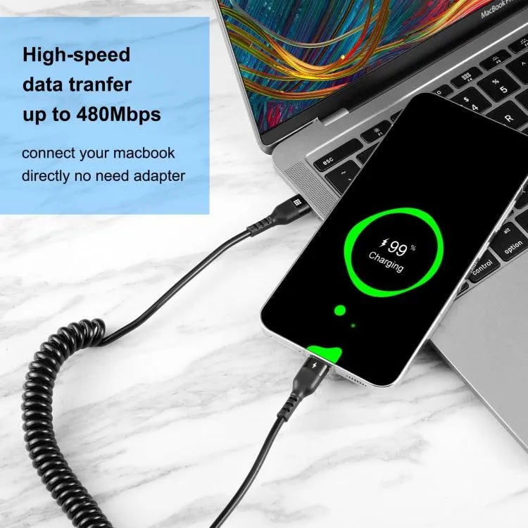 HAWEEL 1m USB-C PD Fast Charging Retractable Coiled Cable - 5A Compatible with Apple, Xiaomi, Huawei, Samsung