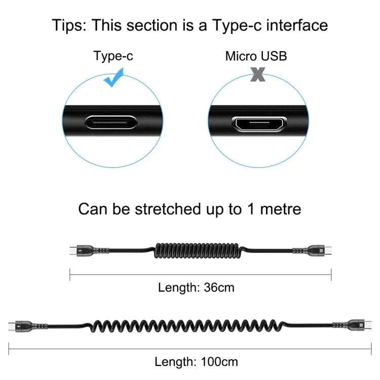 HAWEEL 1m USB-C PD Fast Charging Retractable Coiled Cable - 5A Compatible with Apple, Xiaomi, Huawei, Samsung