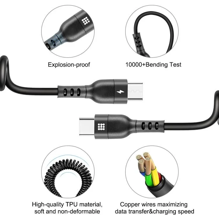 HAWEEL 1m USB-C PD Fast Charging Retractable Coiled Cable - 5A Compatible with Apple, Xiaomi, Huawei, Samsung